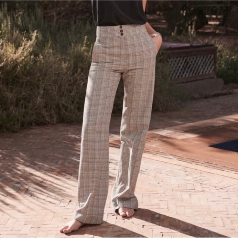 Sezane Marty Tousers Prince of Wales Ecru Noir Orange Plaid